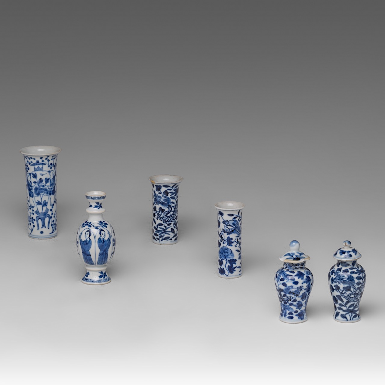 A Chinese blue and white 'Long Elisa' miniature vase, Kangxi period, H 11 cm - added an assembled fi