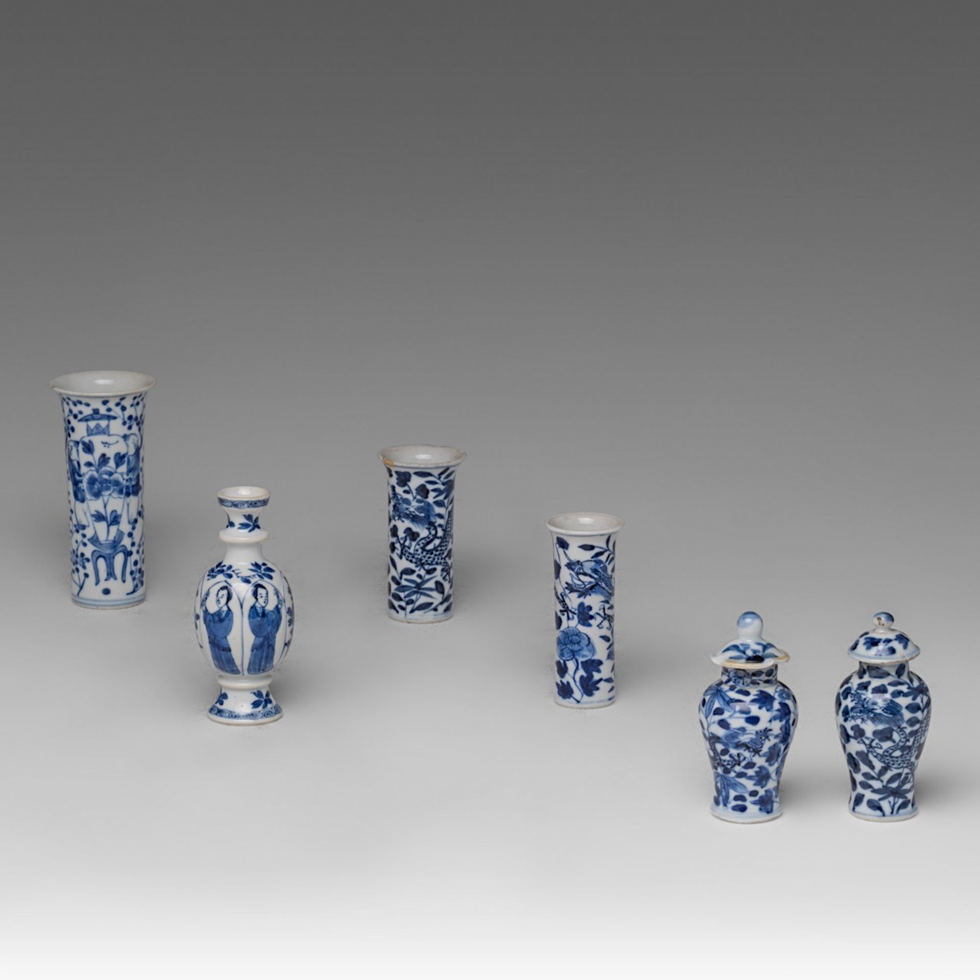 A Chinese blue and white 'Long Elisa' miniature vase, Kangxi period, H 11 cm - added an assembled fi