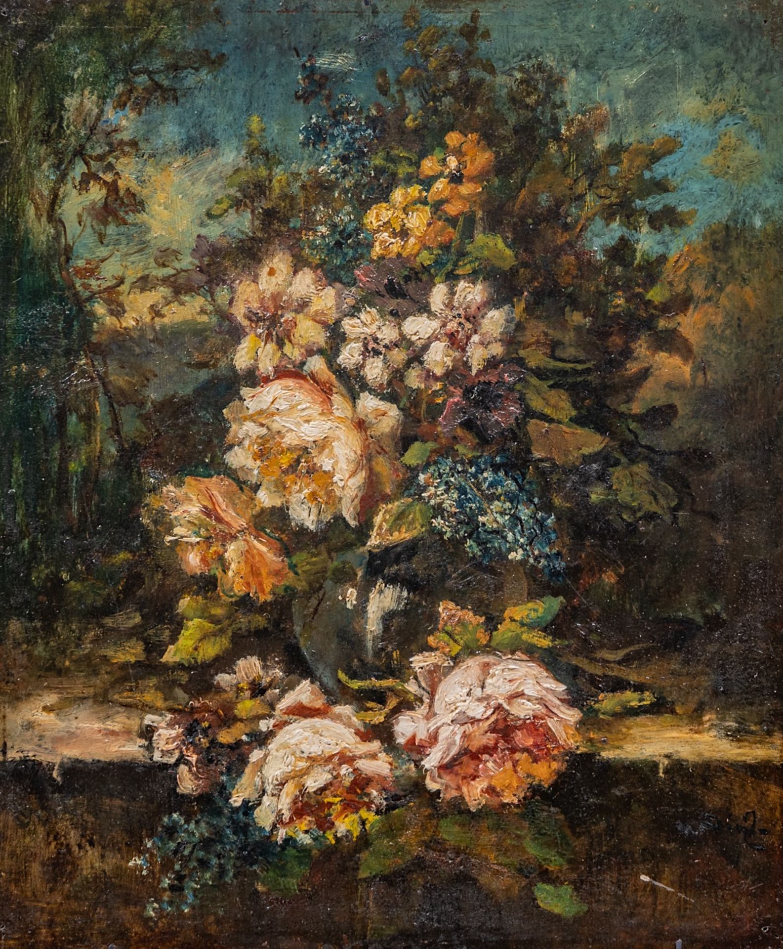 Narcisse Diaz de la Pena (1807-1876), flower still life, oil on mahogany 36 x 30 cm. (14.1 x 11.8 in