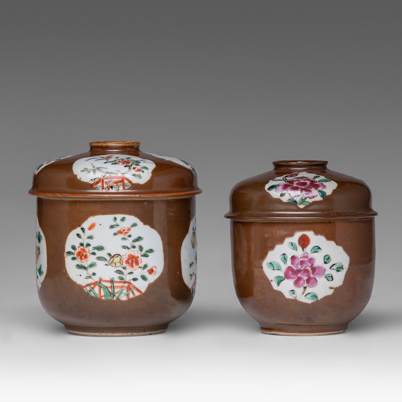 A series of five Chinese famille rose 'Peony' dishes, 18thC, dia 22 cm - added two cafe-au-lait and - Image 8 of 15