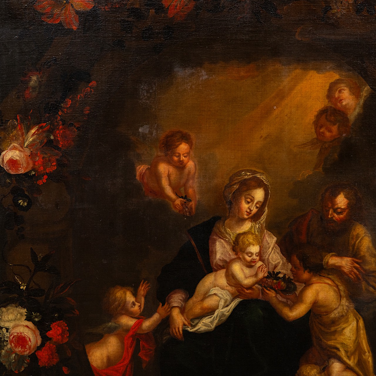 The Holy Family in a flower wreath, 17thC, Flemish School, oil on canvas 195 x 138 cm. (76.7 x 54.3 - Image 6 of 10