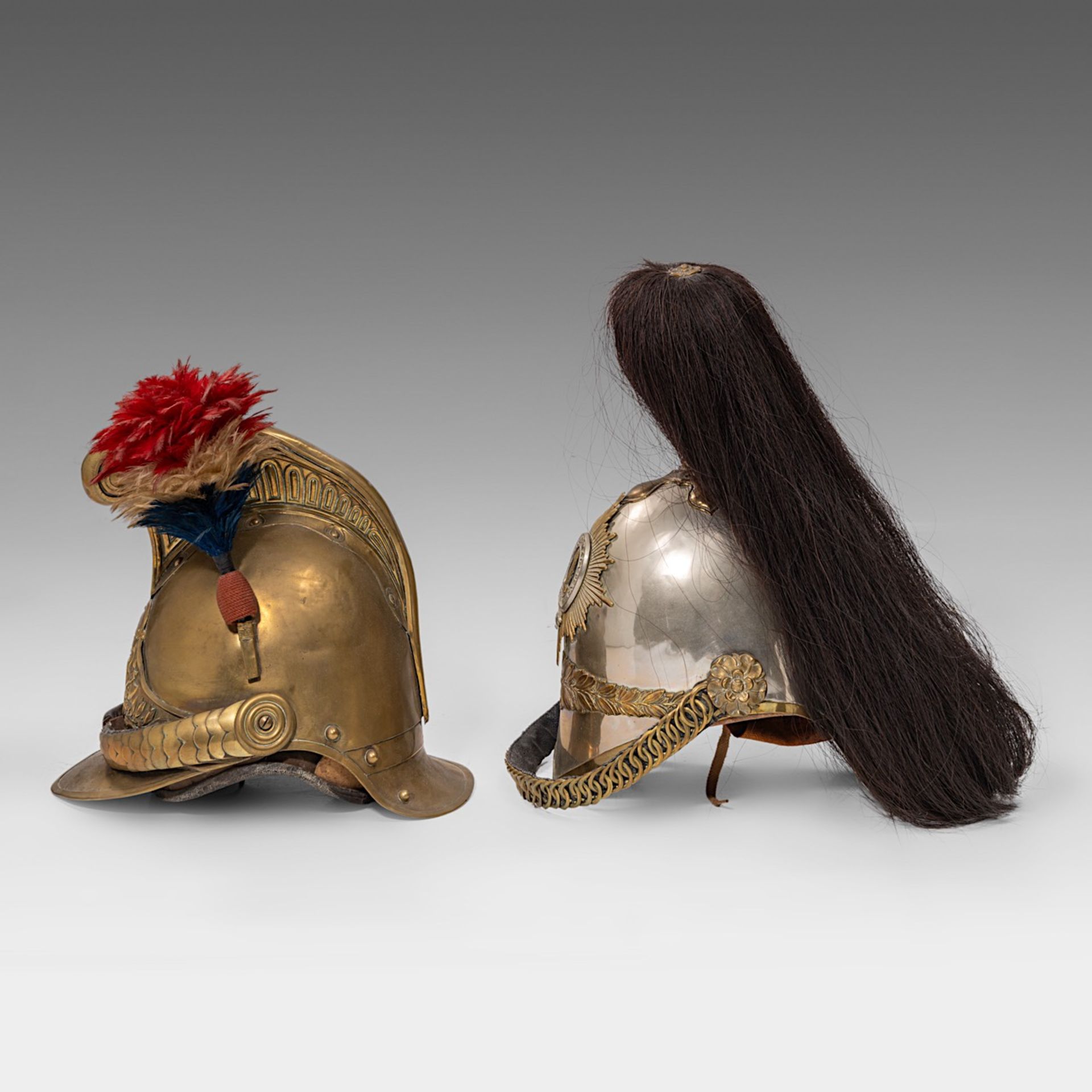 A cuirassier helmet, with black hair tail (French 1854) and another helmet, 19thC, copper and brass - Image 3 of 5