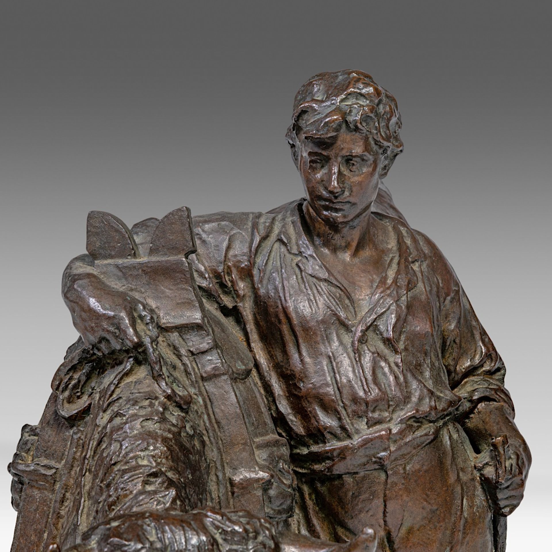 Leon Mignon (1847-1898), farmer resting with his ox, patinated bronze on a marble base, H 51 - 55 - - Image 8 of 10