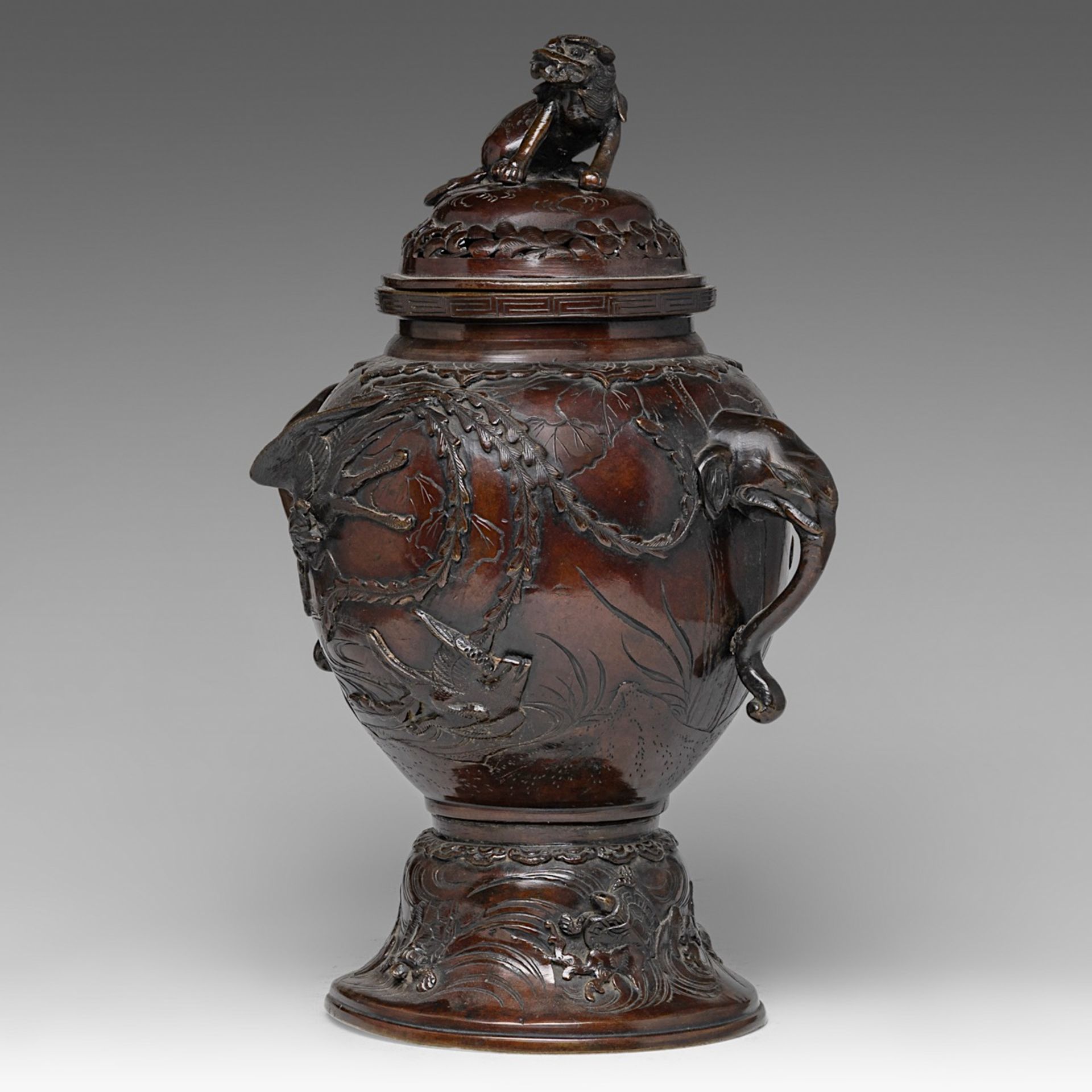 A Japanese bronze censer, paired with elephant-head handles, Meiji period (1868-1912, H 43 cm - Image 2 of 7