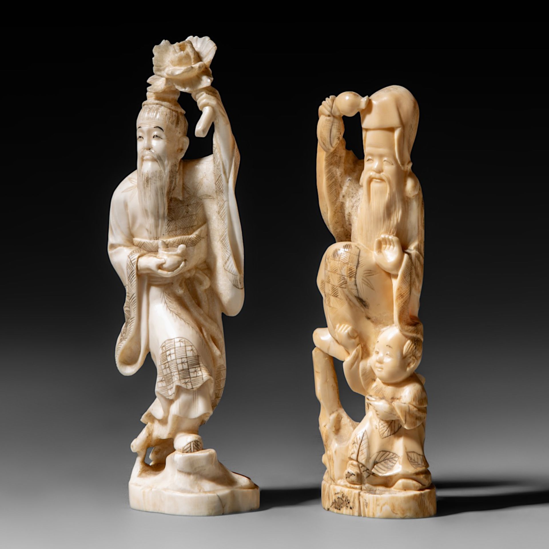 Two Japanese walrus ivory okimono, depicting Fukurokuju and a dancer, Taisho period (1912-1926), H 1 - Image 2 of 9