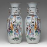 A pair of Chinese famille rose 'Playful Boys and a Beauty' vases, the back with a signed text, Repub