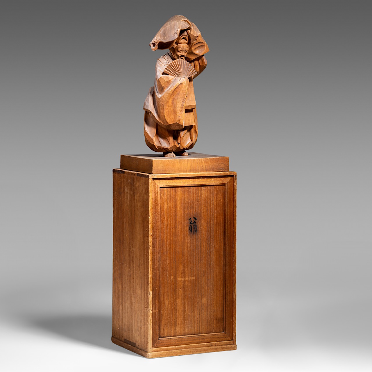 A Japanese cherrywood sculpture of a dancing man, signed Toshiaki Shimamura, total H 47 - 25,5 x 23 - Image 7 of 10