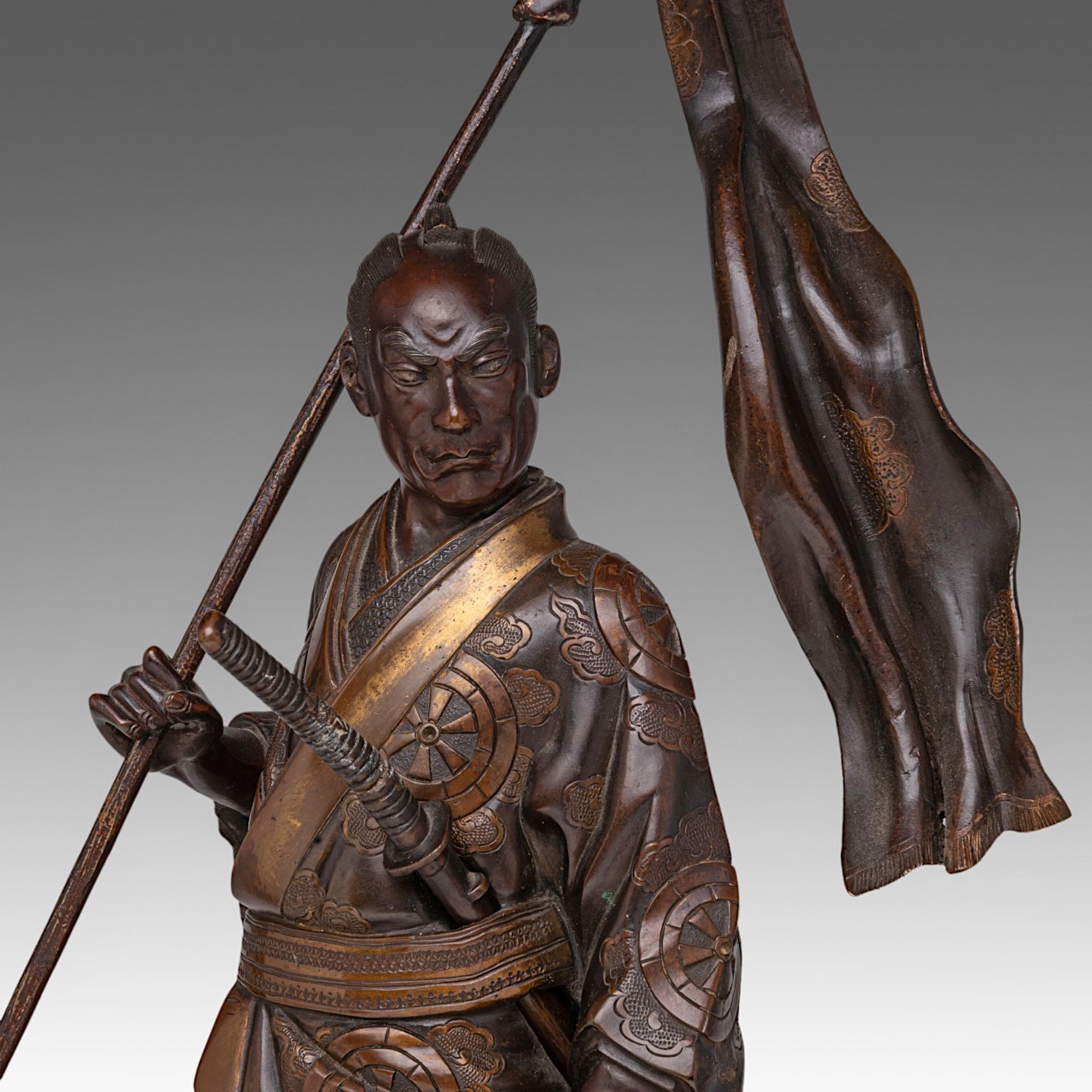 A Japanese bronze okimono of a warrior from the tale of Genji, signed, Meiji period (1868-1912), fix - Image 9 of 9