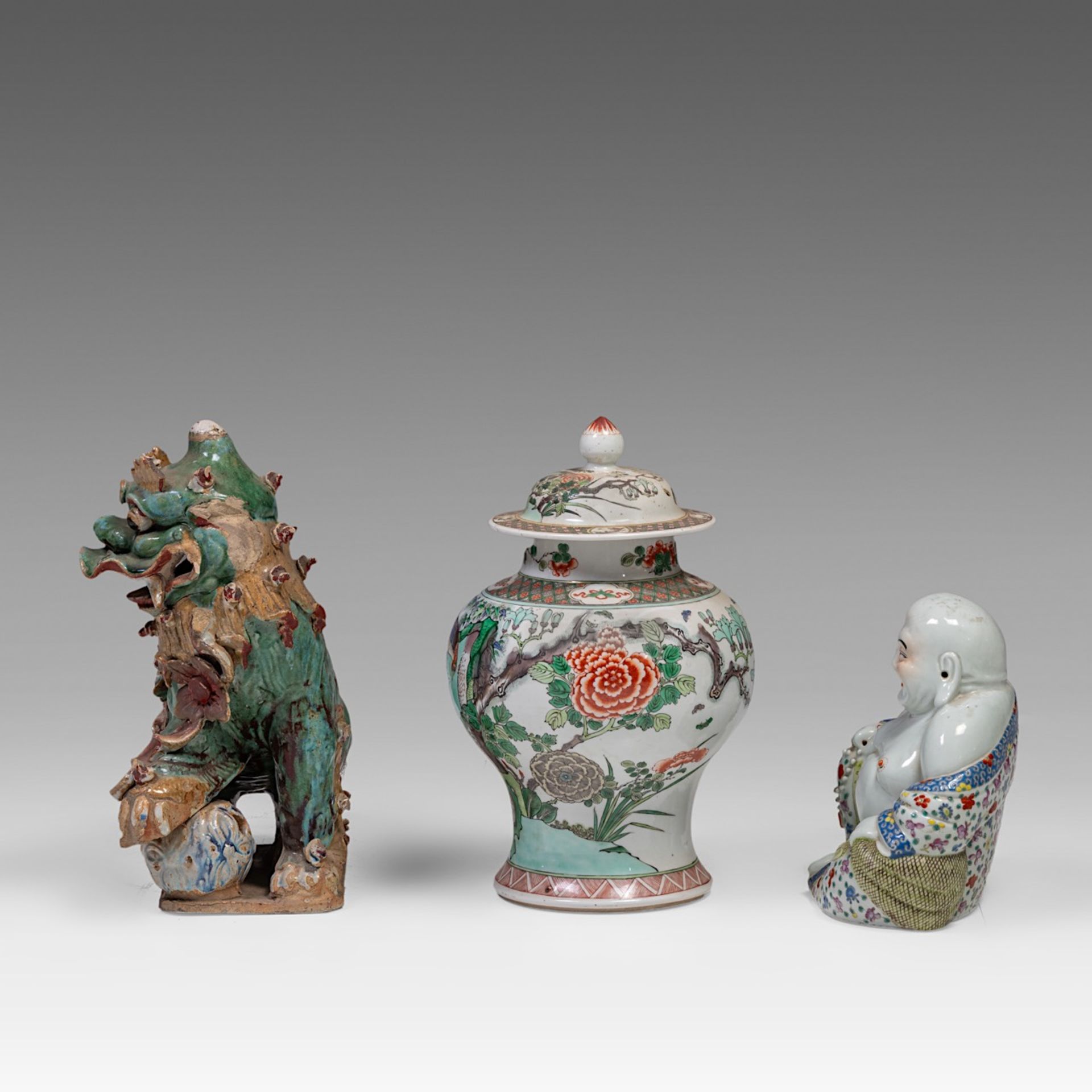 A Chinese famille verte covered baluster vase and a famille rose figure of smiling Budai, early 20th - Image 2 of 8