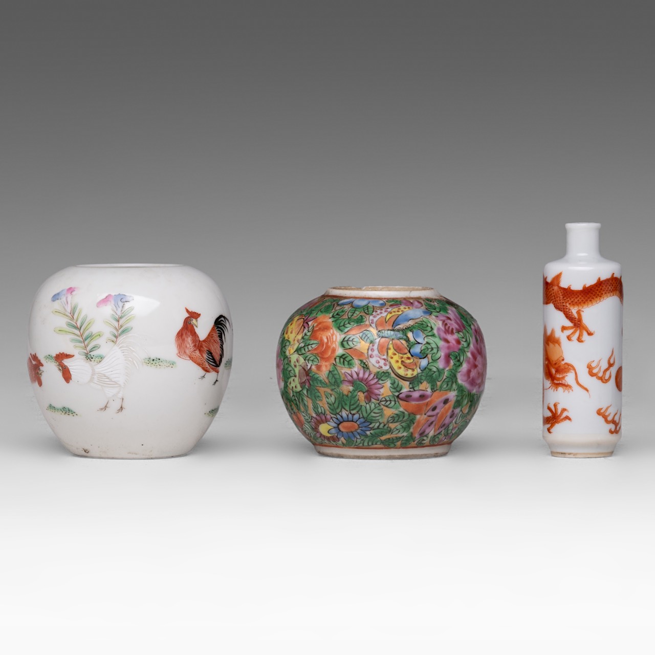 A small collection of Chinese famille rose ware, incl. famille rose figural snuff bottle, some marke - Image 5 of 17