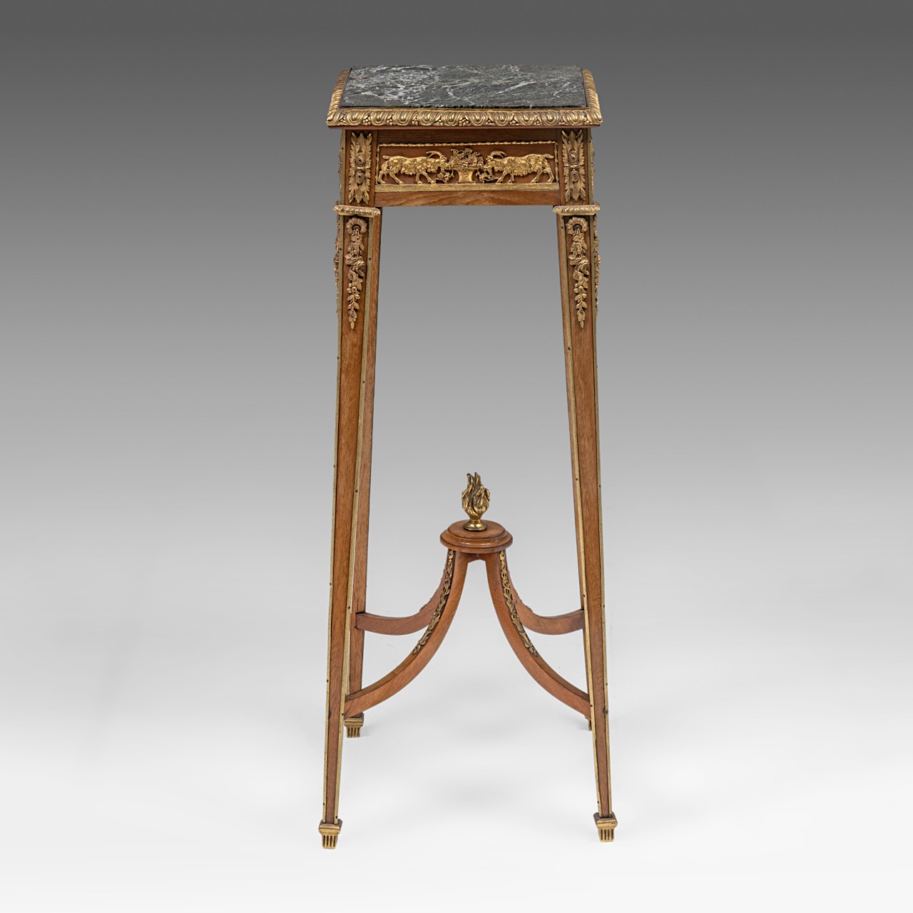 A walnut marble-topped Louis XVI-style side table with gilt bronze mounts, H 87,5 cm - W 30 cm - D 3 - Image 2 of 7