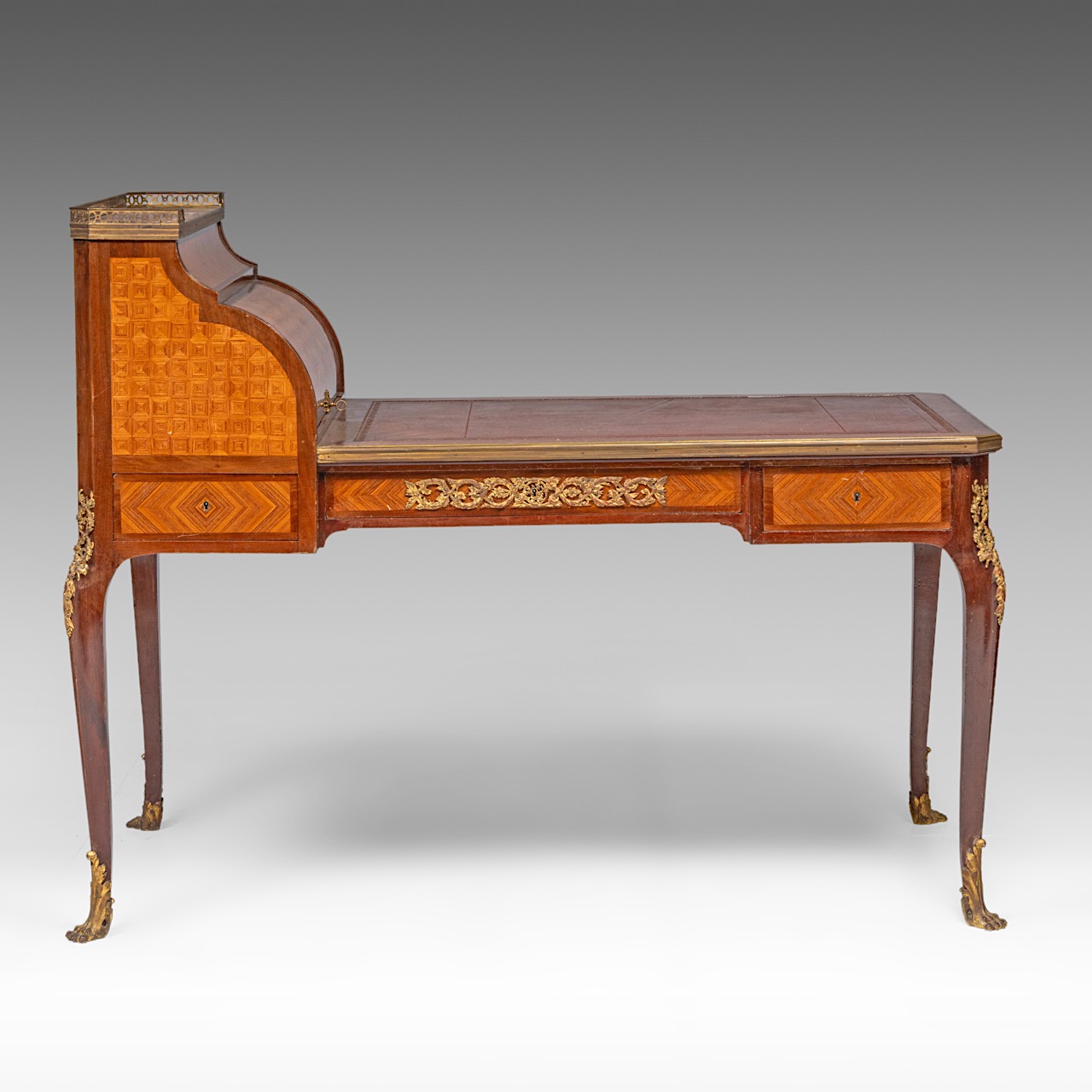 A leather-topped Transitional-style bureau plat and rolltop desk with parquetry and gilt bronze moun - Image 8 of 9