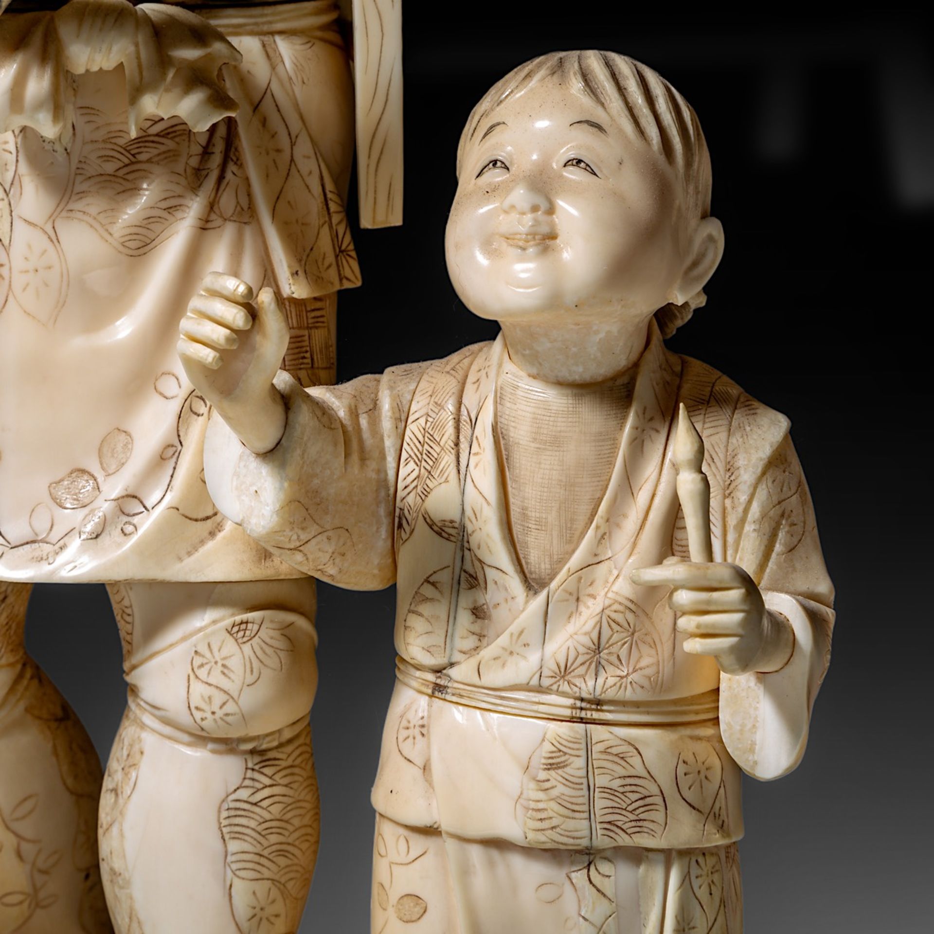 A large Japanese walrus ivory okimono of an artisan with his son, Meiji period (1868-1912), H 46,5 - - Image 13 of 13