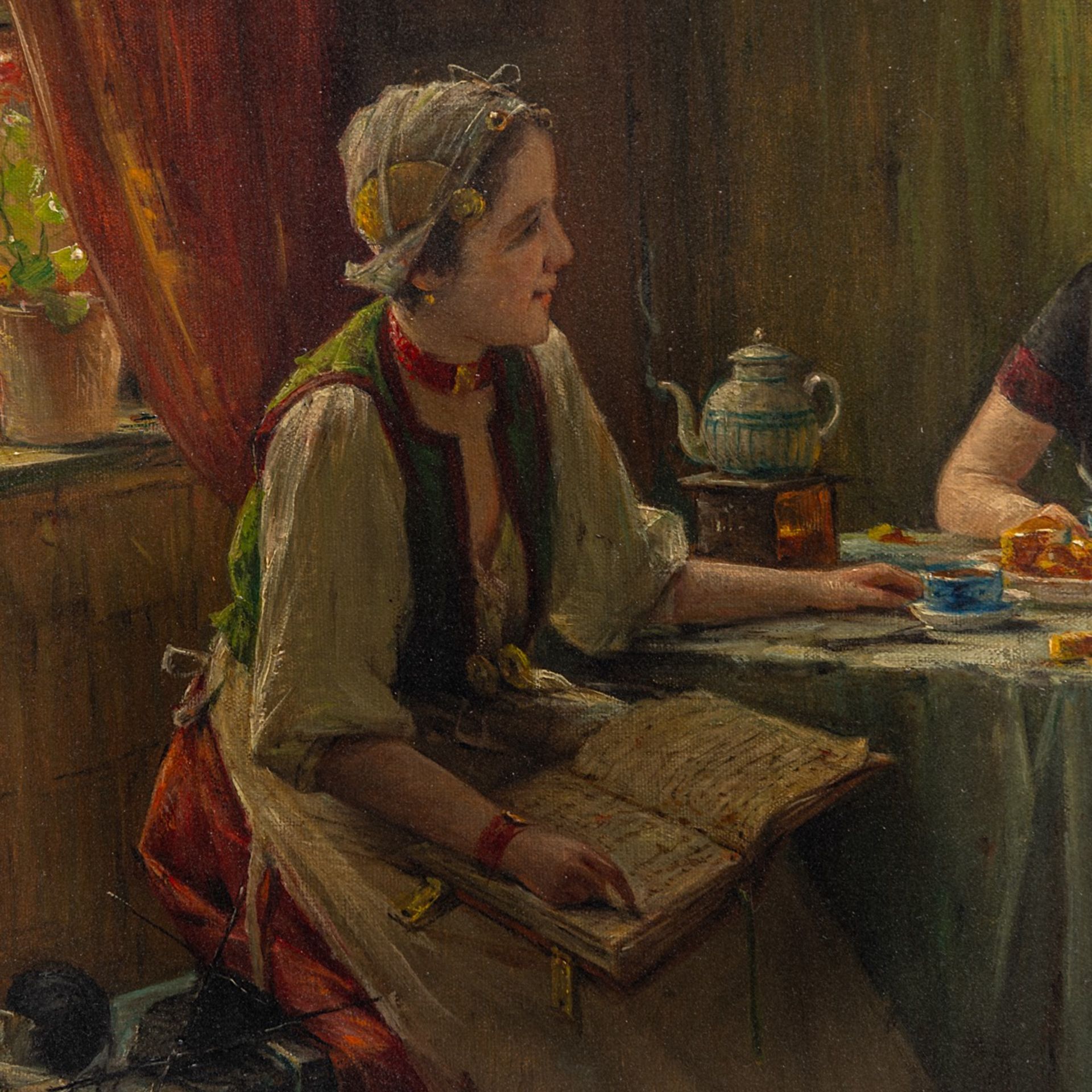 Edward Portielje (1861-1949), chatting maids over a cup of tea, oil on canvas 51 x 64 cm. (20.0 x 25 - Bild 5 aus 6