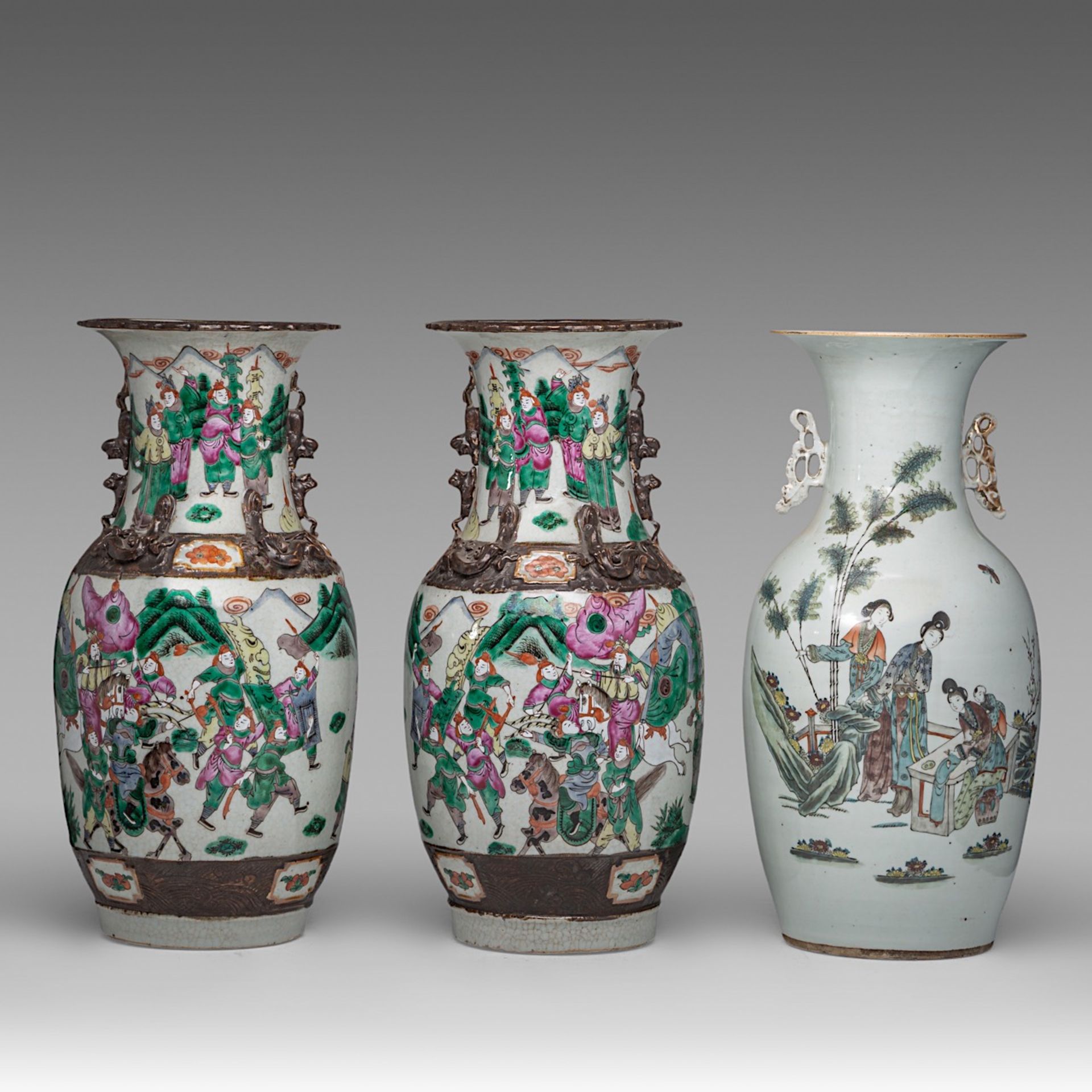 A pair of Chinese famille rose Nanking stoneware vases, 19thC, H 43,5 cm - and a famille rose 'Beaut - Image 8 of 13