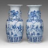 A pair of Chinese blue and white 'Figures in a Daily Life Scene' vases, 19thC, H 45 cm