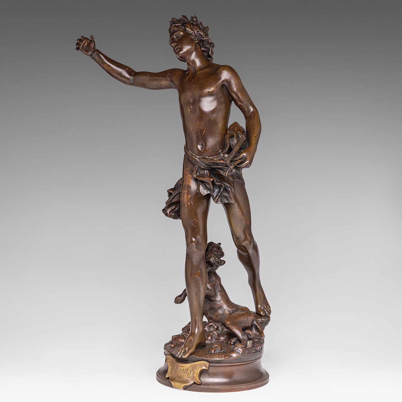 Adrien Etienne Gaudez (1845-1902), Orpheus and Cerberus, patinated bronze, H 60 cm - Image 2 of 8