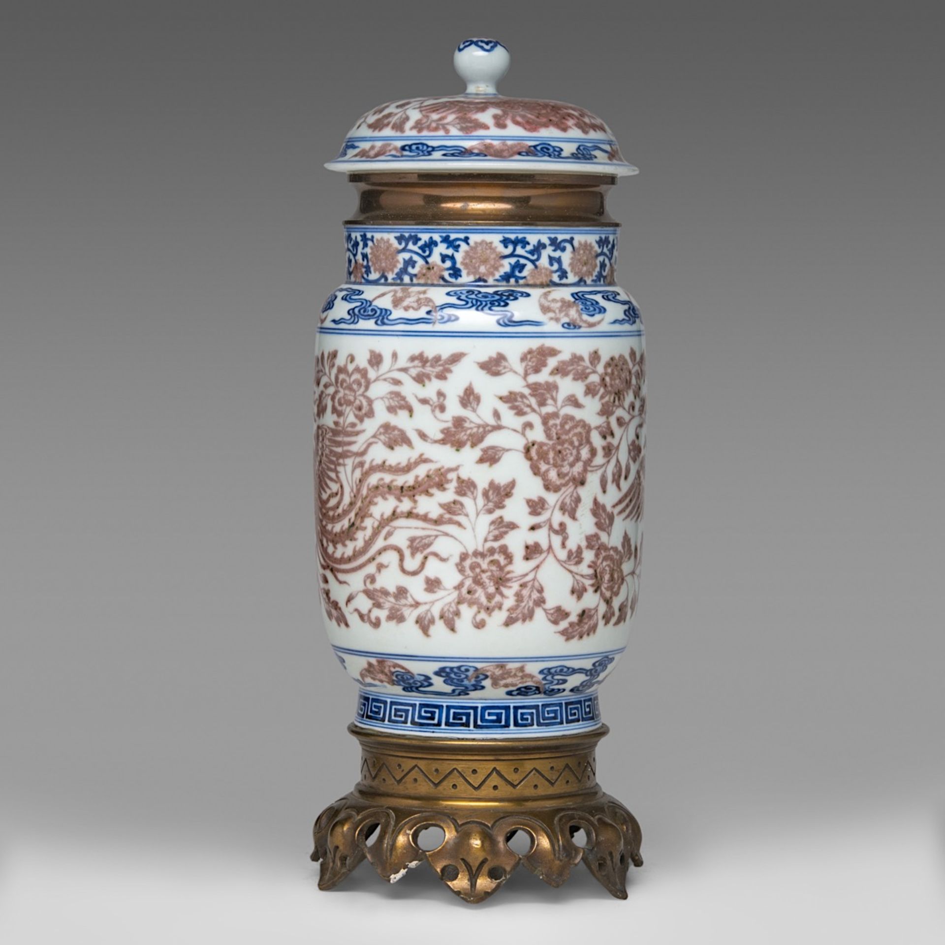 A Chinese copper-red and underglaze blue 'Phoenixes amongst Peonies' albarello lantern vase, with a - Image 4 of 6