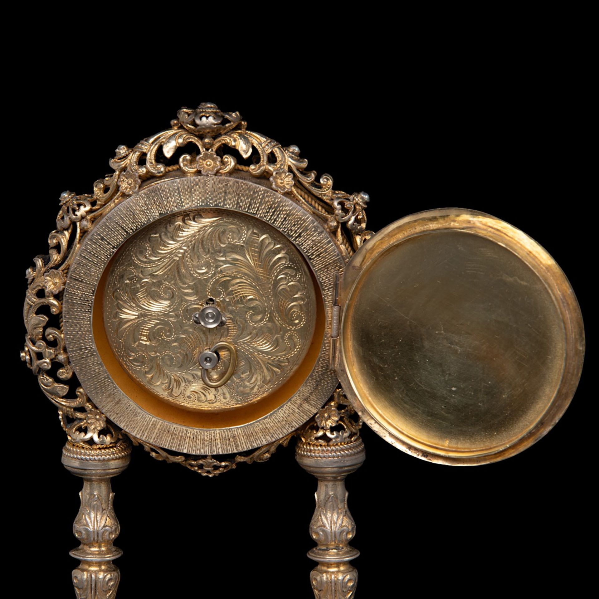 An Austrian gilt-silver and enamel clock with music box, decorated with semi-precious stones and mot - Image 7 of 7