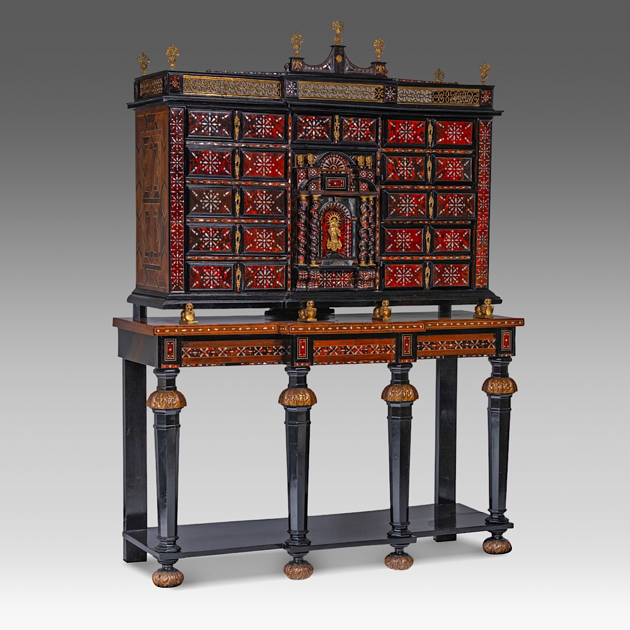 A 17thC cabinet-on-stand, inlaid with tortoiseshell, mother-of-pearl and ivory, H 194 cm (total) (+) - Image 2 of 9