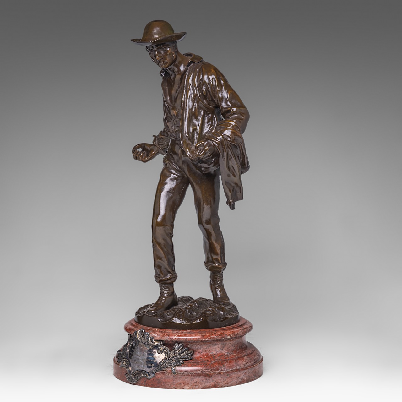 Emile Louis Truffot (1843-1896), the sower, patinated bronze on a marble base, H 64 cm (total) - Image 2 of 7