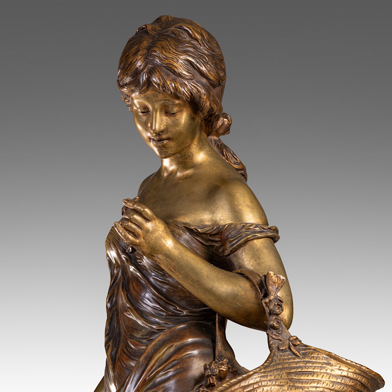 Auguste Moreau (1834-1917), lady with flower basket, patinated bronze on a Neoclassical onyx pedesta - Image 12 of 14