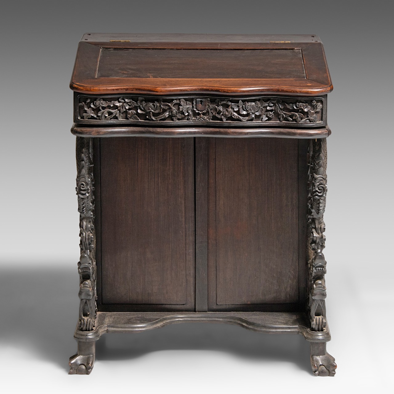 A compact South Chinese carved hardwood writing desk, 19thC, H 83 - W 66 - D 62 cm - Image 2 of 10