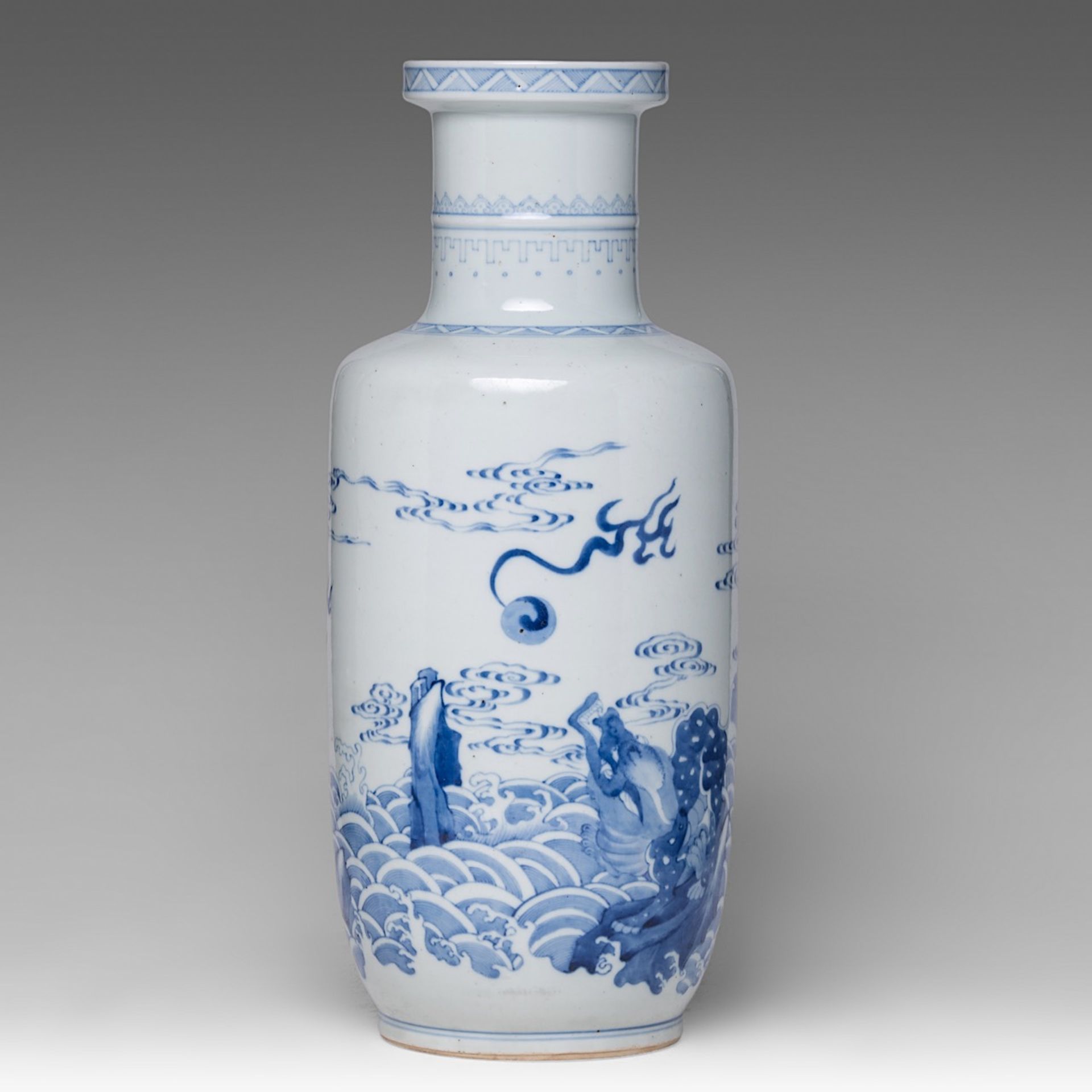 A Chinese blue and white 'Qilin amongst Waves' rouleau vase, late 19thC/20thC, H 48,5 cm
