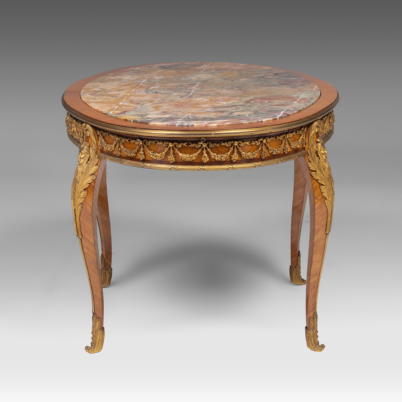 A mahogany marble-topped transitional-style side table with gilt bronze mounts, H 58 cm - W 100 cm - - Image 5 of 7