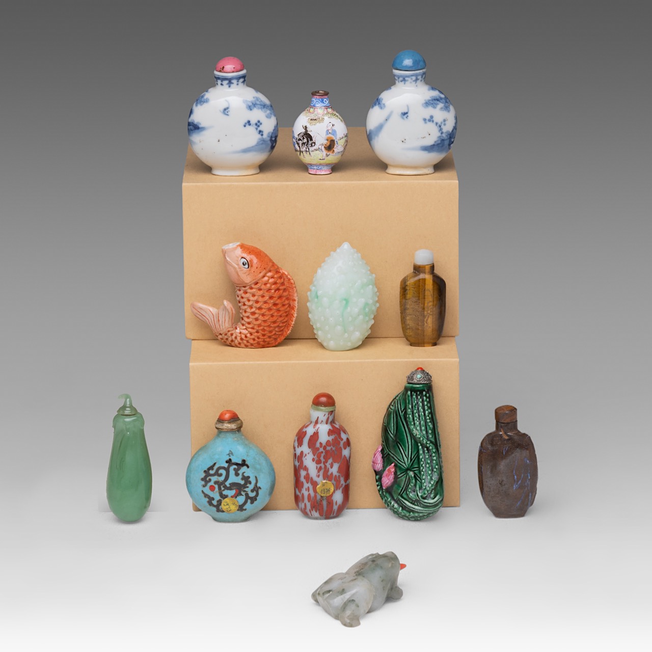 A collection of twelve Chinese snuff bottles, including an enamelled copper 'Boy and Water Buffalo' - Image 2 of 10