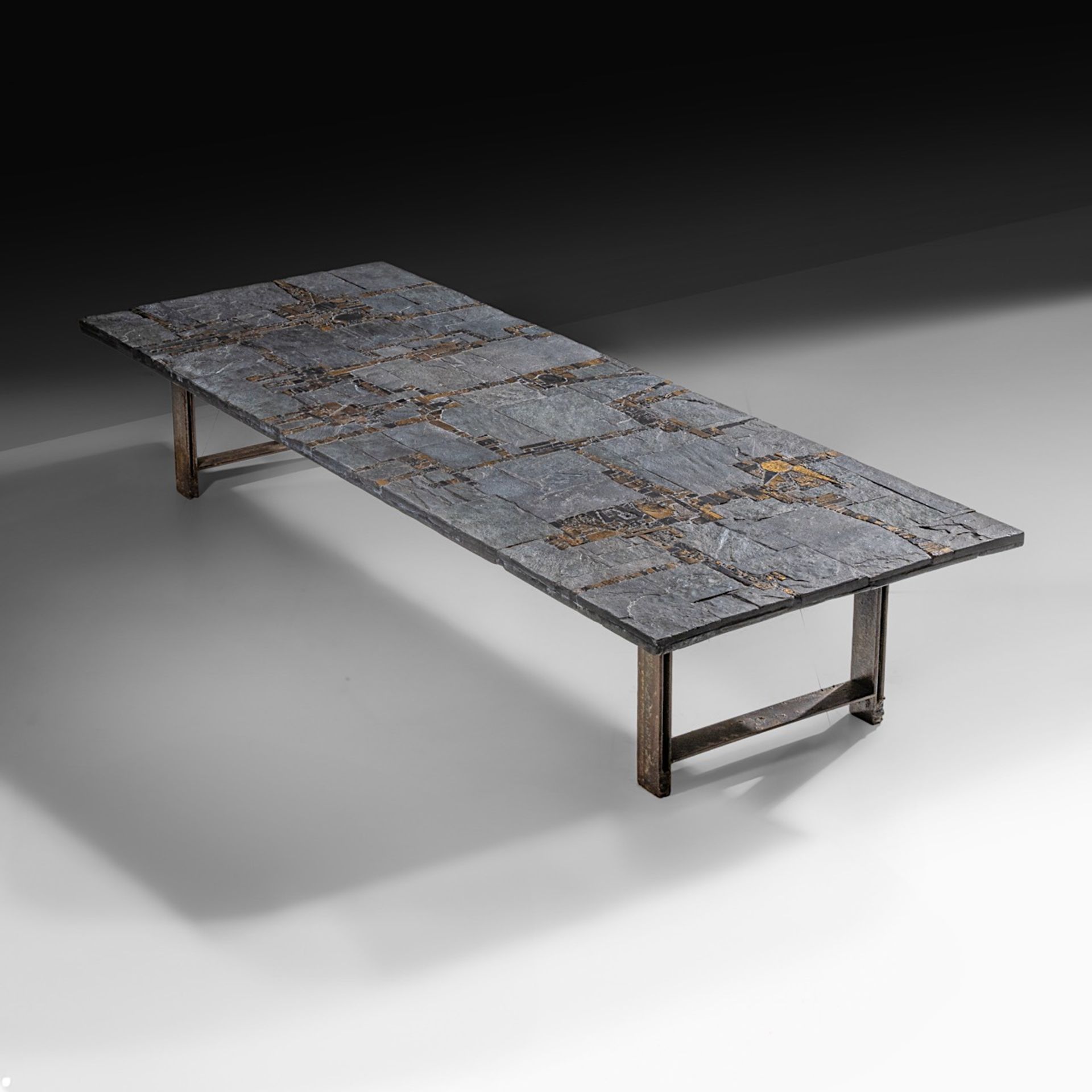 A vintage '60s Pia Manu coffee table, slate stone and gilt-glazed ceramic table top on a steel frame - Bild 5 aus 16