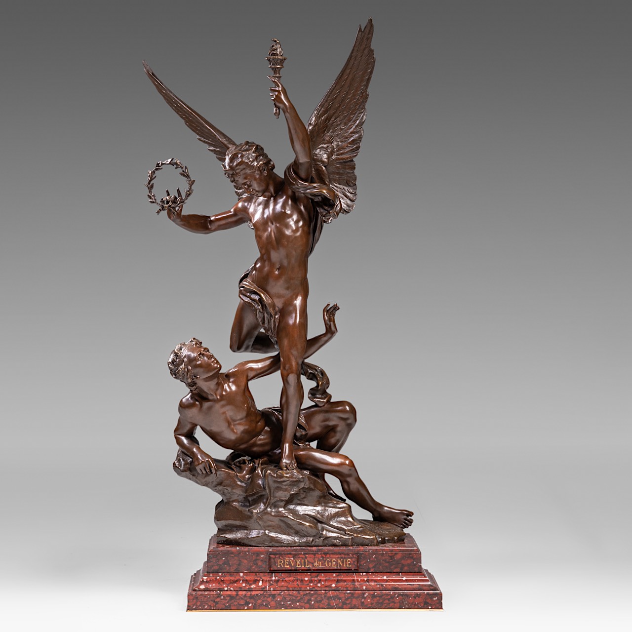 Charles Vital-Cornu (1851/53-1927), 'Le Reveil du Genie', patinated bronze on a Griotte marble base,