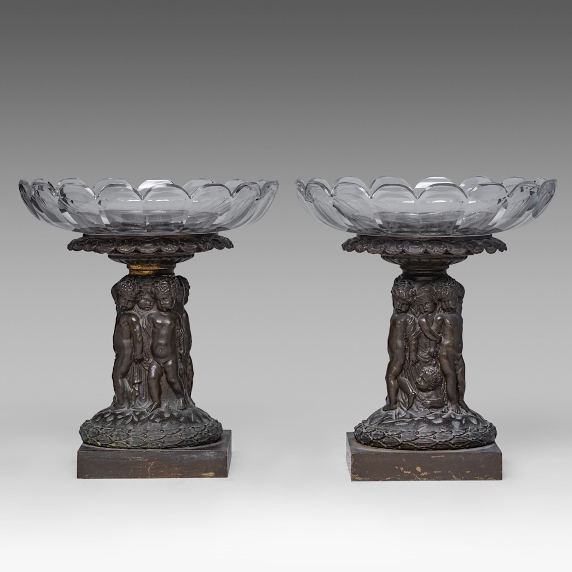 A pair of cut crystal coupes on patinated bronze figural stands, in the Wiener Werkstatte manner, H - Image 7 of 7
