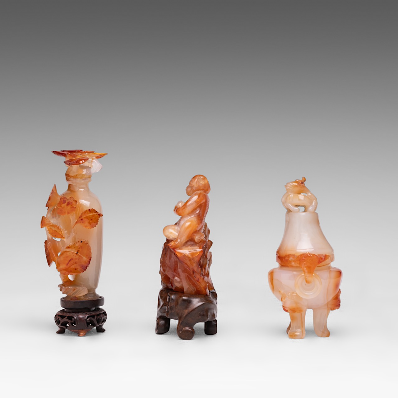 Three Chinese carnelian agate carvings: a tripod censer and cover, a 'Prunus' snuff bottle, 'Monkey - Image 2 of 8