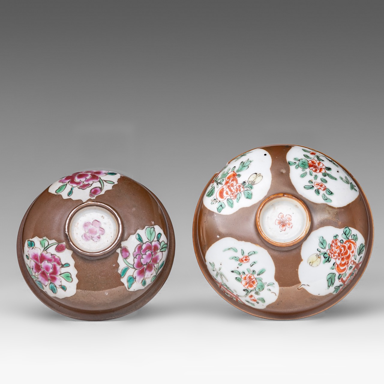 A series of five Chinese famille rose 'Peony' dishes, 18thC, dia 22 cm - added two cafe-au-lait and - Image 14 of 15