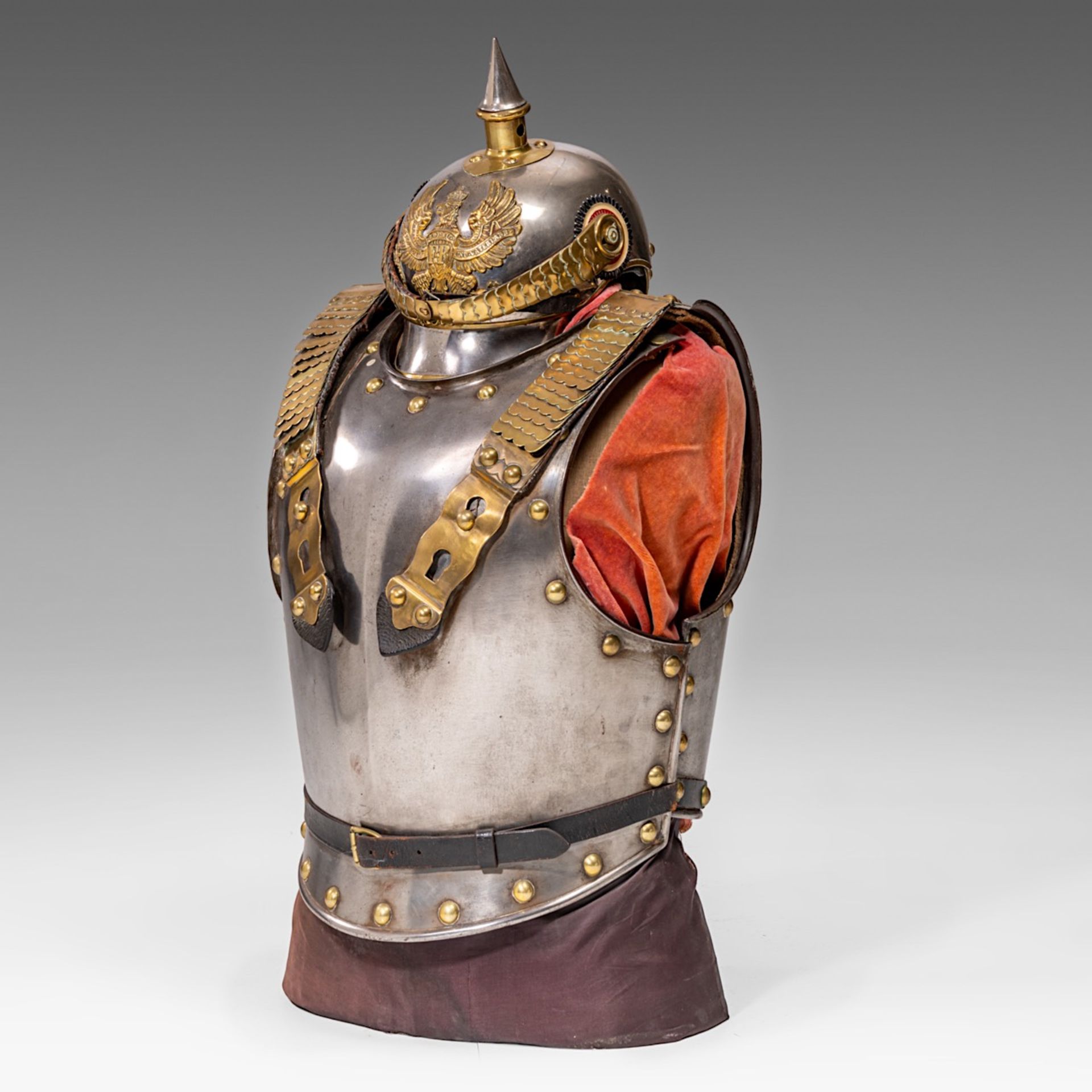 Cuirass and helmet, metal and gilded brass, 19thC., 68 x 30 x 36 cm. (26.7 x 11.8 x 14.1 in.)