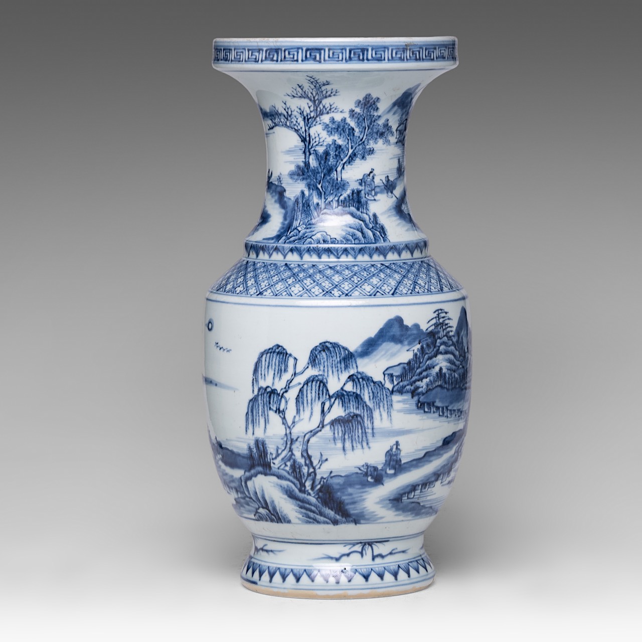 A Chinese blue and white 'Mountainous Landscape' yenyen vase, H 45 cm - Image 4 of 6