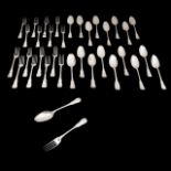 A late 18thC set of 17 forks and 18 spoons, Louvain and other hallmarks, weight: ca 2434 g