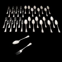 A late 18thC set of 17 forks and 18 spoons, Louvain and other hallmarks, weight: ca 2434 g