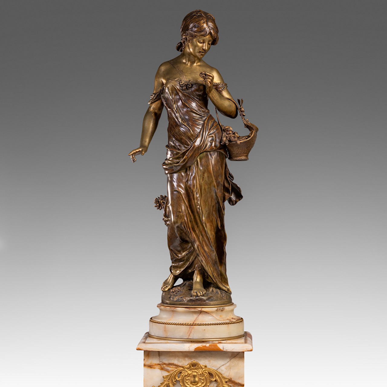 Auguste Moreau (1834-1917), lady with flower basket, patinated bronze on a Neoclassical onyx pedesta - Image 5 of 14