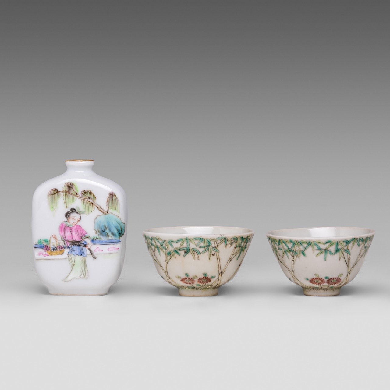 A small collection of Chinese famille rose ware, incl. a pair of fine 'Bamboo' wine cups, Daoguang m - Image 2 of 13