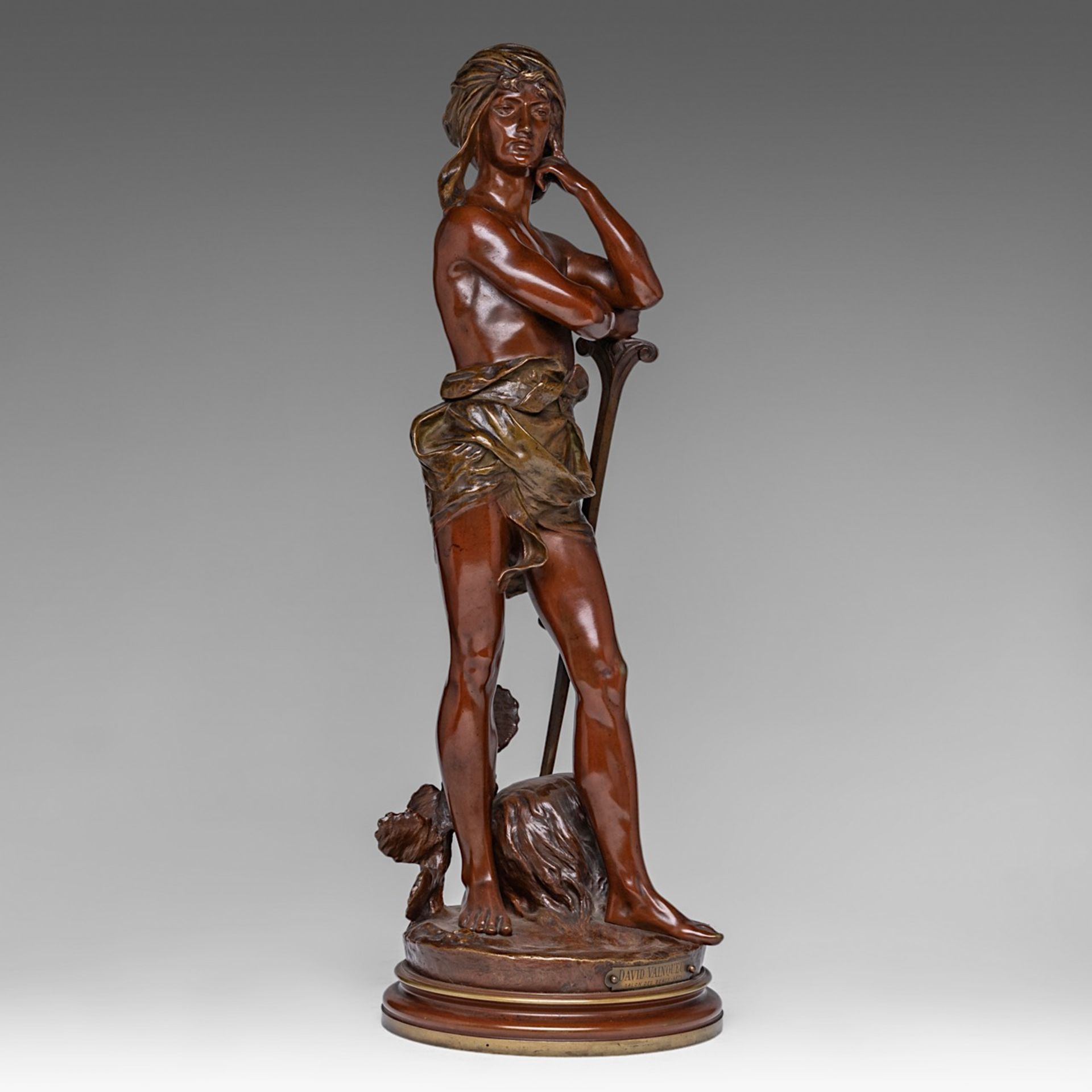Henri Honore Ple (1853-1922), 'David Vainqueur', patinated bronze, H 61 cm - Image 6 of 7