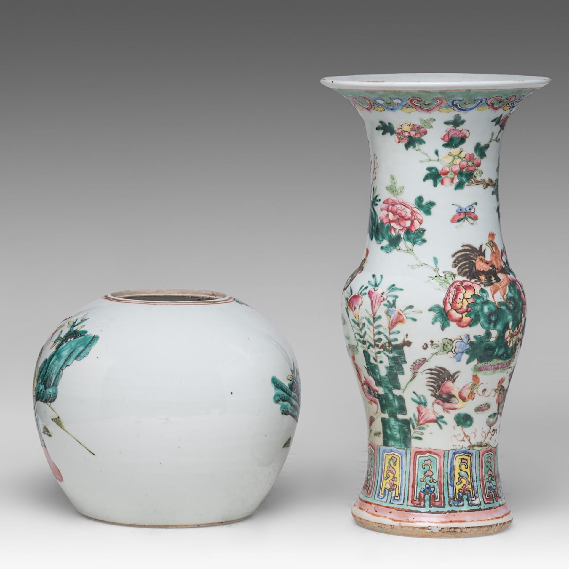 A Chinese famille rose 'Immortals' ginger jar, late 19thC, H 19 cm - and a famille rose 'Cockerels' - Image 3 of 6