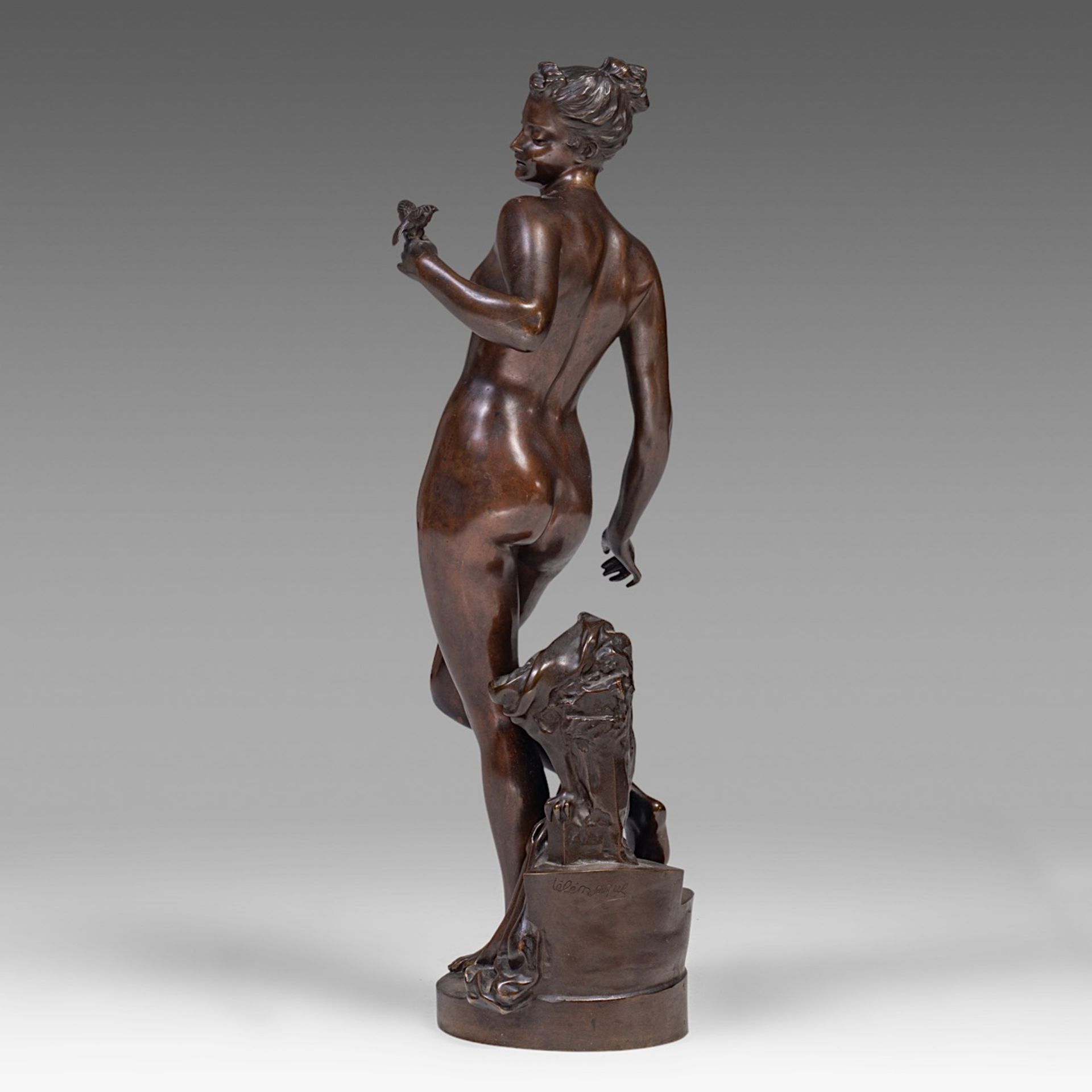 Signed 'Telemaque', Venus with bird, patinated bronze, H 75 cm - Image 3 of 10