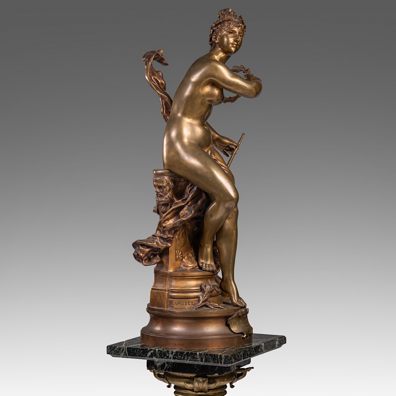 Adrien Etienne Gaudez (1845-1902), 'Gloire au travail', patinated bronze on a marble pedestal, H 169 - Image 8 of 18