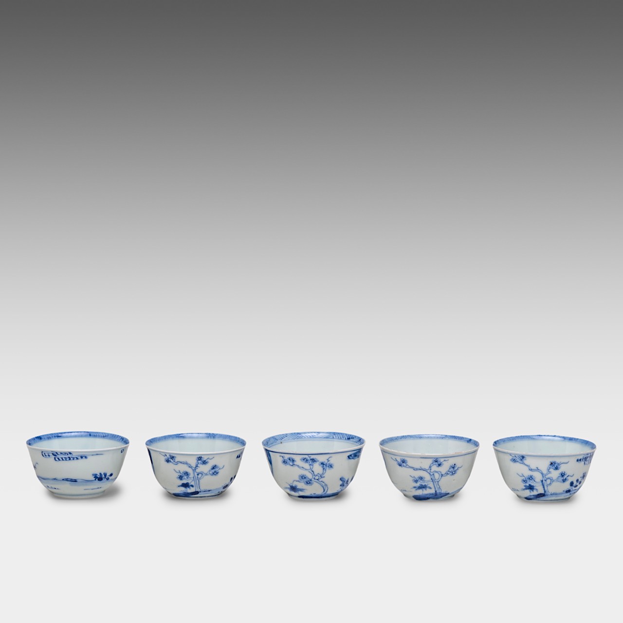 A series of five Chinese blue and white 'Female Immortal' cups, Kangxi/Yongzheng, H 3,5 - dia 7,2 cm - Image 5 of 10