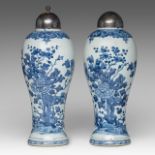 A similar pair of Chinese blue and white 'Flower Garden' baluster vases, Qianlong period, total H 36
