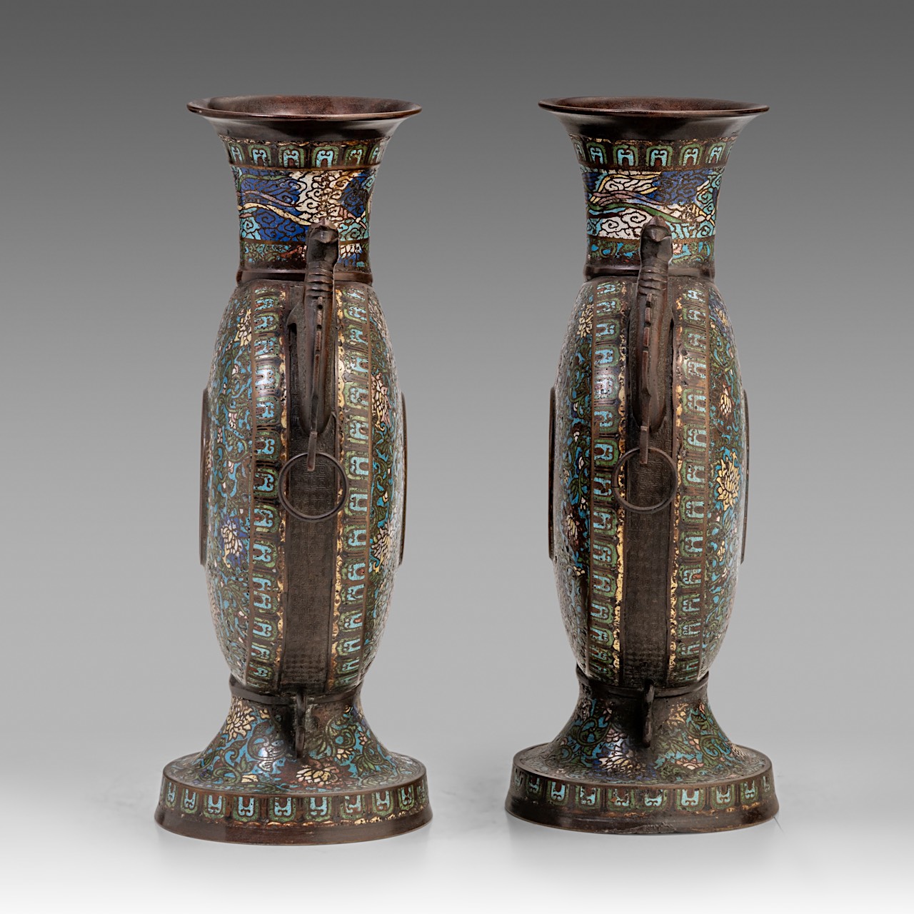 A pair of Japanese champleve enamelled bronze moonflask vases, late Meiji (1868-1912), H 50 cm - Image 4 of 11