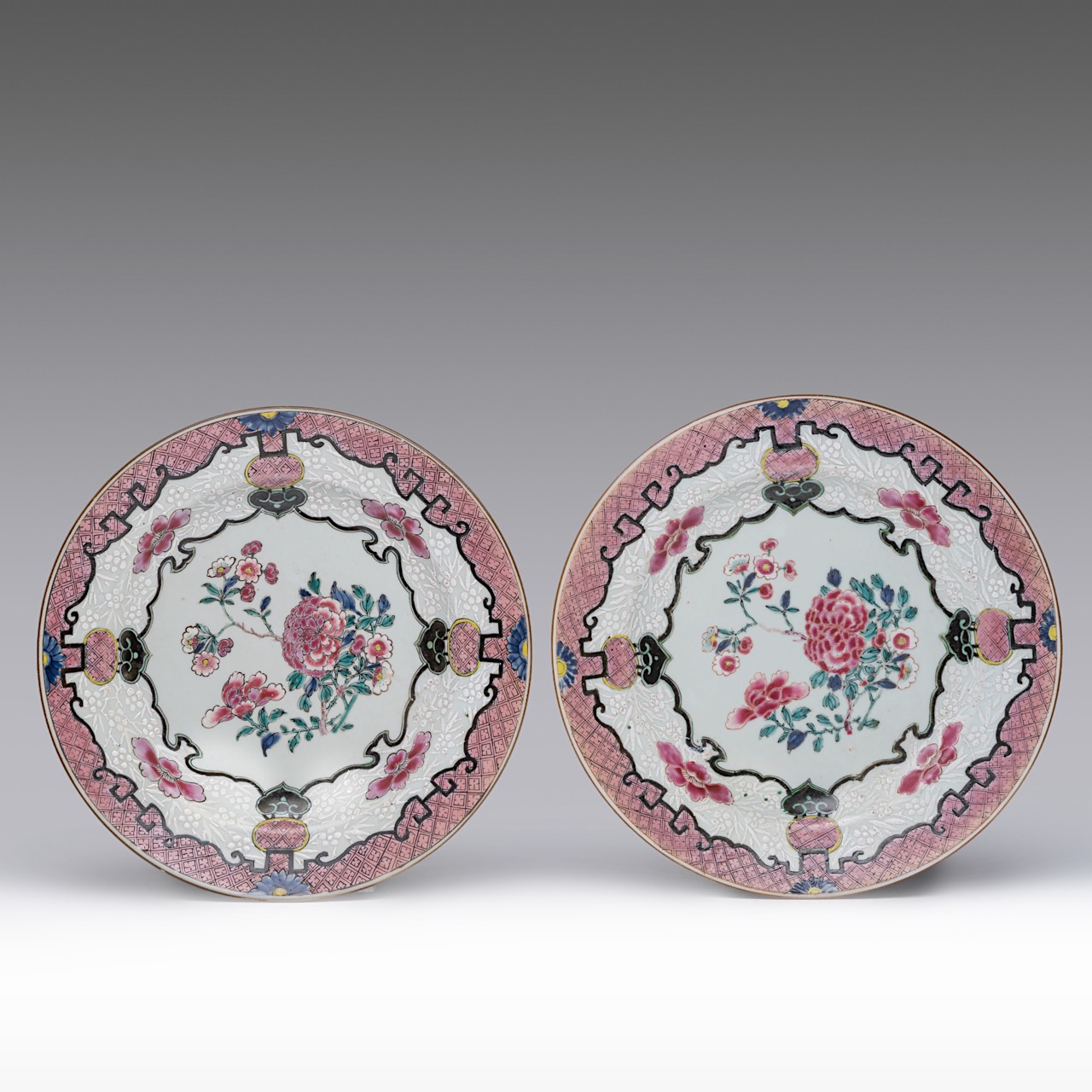 A collection of six Chinese famille rose 'Peonies' export porcelain large plates and dishes, 18thC, - Image 2 of 7