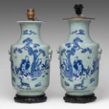 A pair of Chinese blue and white on celadon ground 'Immortal' vases, fixed with lamp mounts, total H